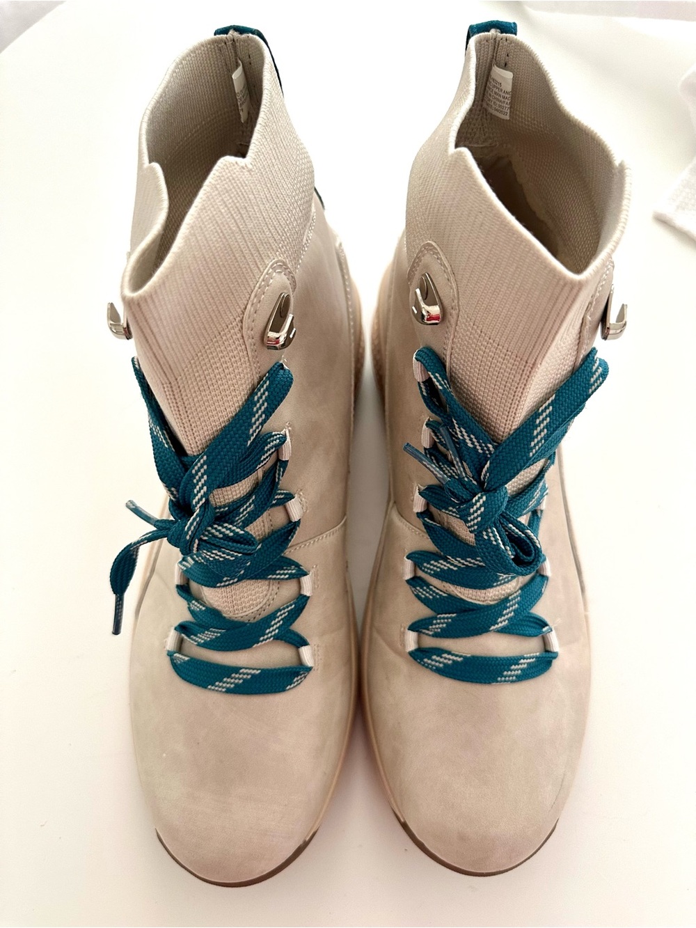 Neutral Beige Suede Ankle Boots with Teal Accent Laces